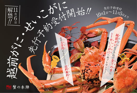 『越前がに』『せいこがに』の先行予約受付中！！